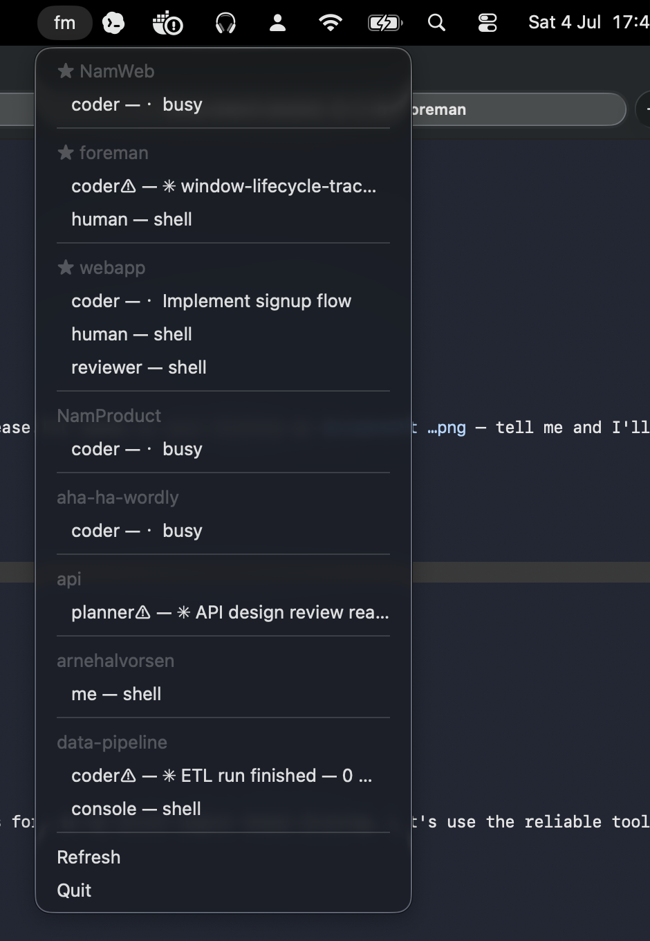 The fm menu bar app open, listing projects and their participants with state marks