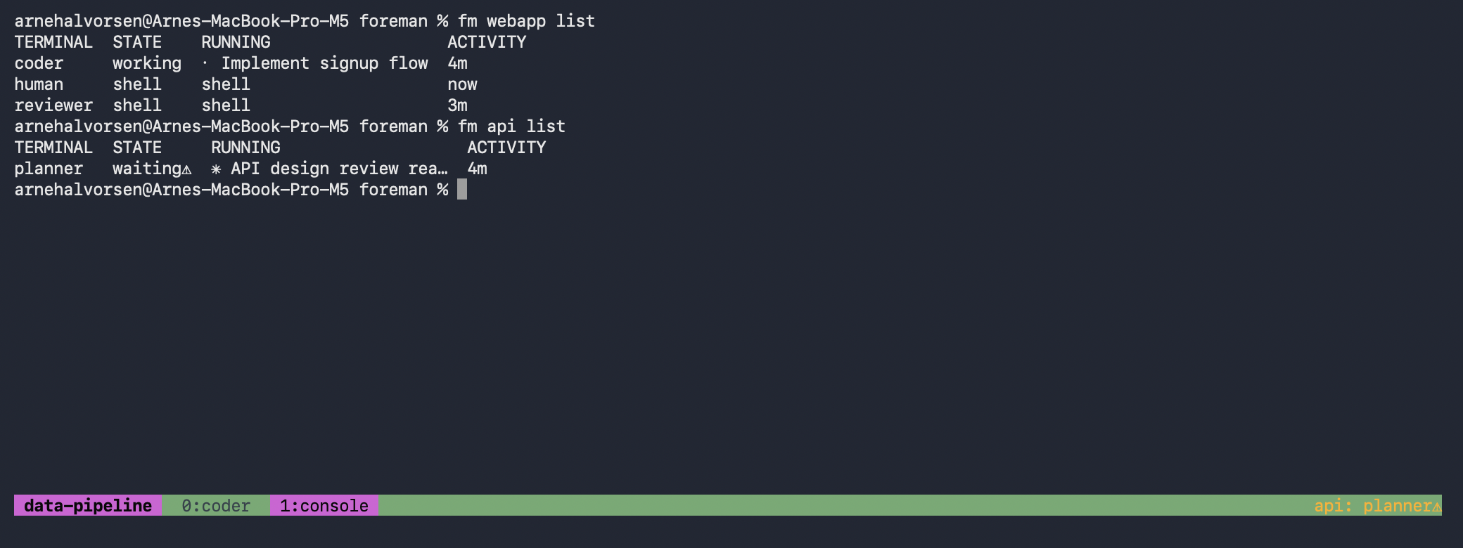 foreman list output showing participant states: working, waiting with warning mark, shell